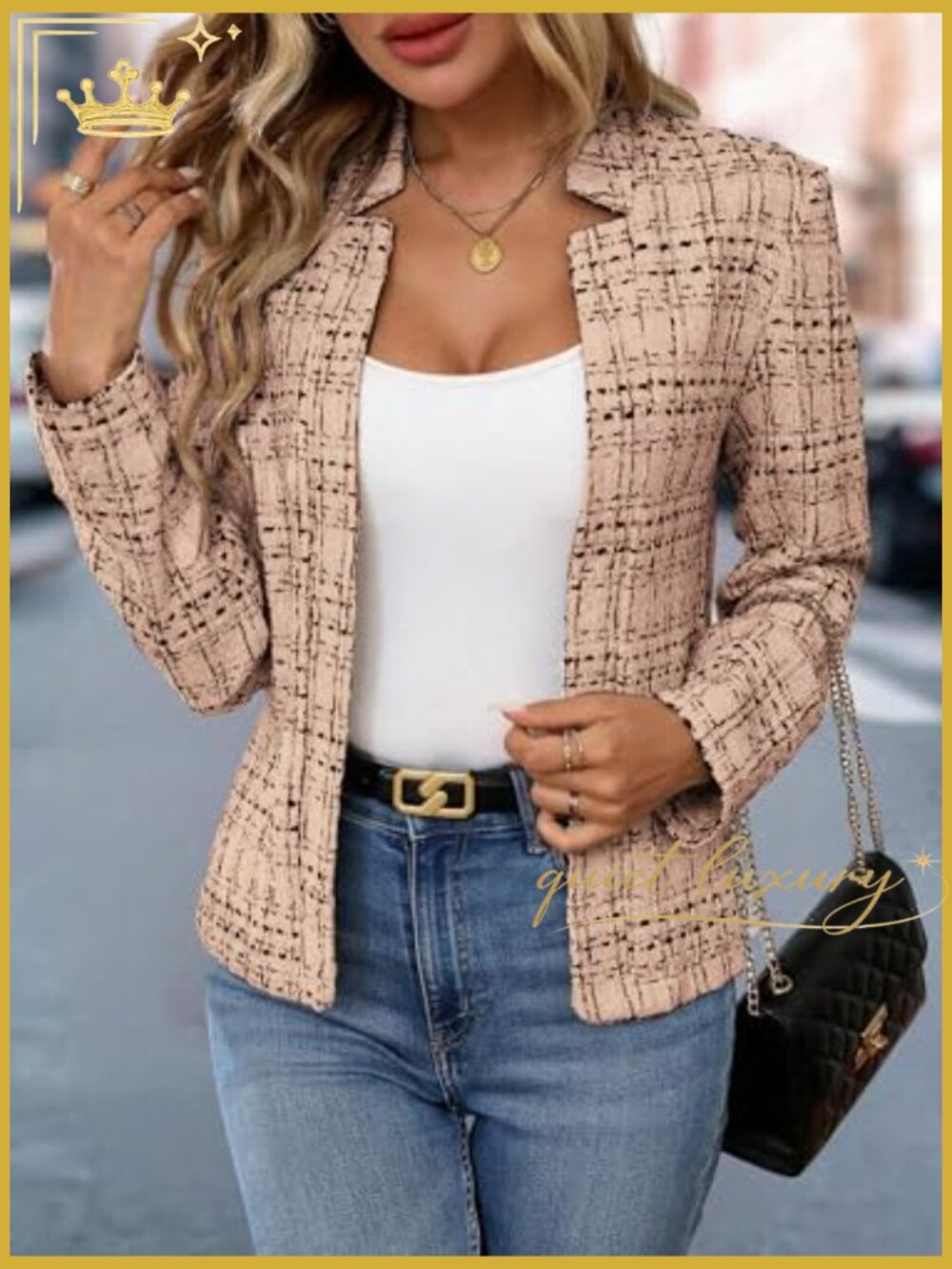 Tweed Open Front Blazer Long Sleeve Notch Collar Fully Lined Casual Business - Picture 4 of 7